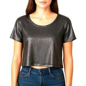 Guess | Boxy Crop Top Short Sleeve in Metallic Silver Gunmetal | Size Medium
